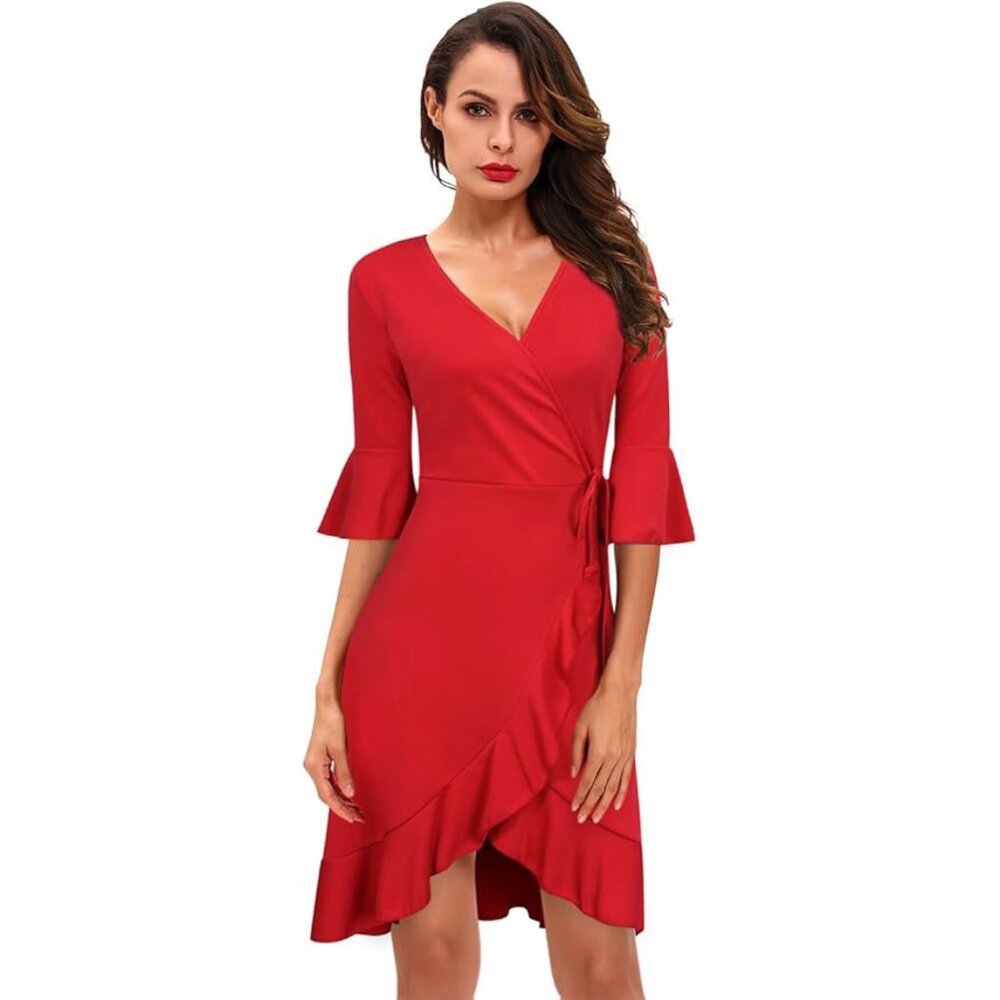 Fiery Red Faux Wrap Dress with 3/4 Bell Sleeves & Ruffled High-Low Hem